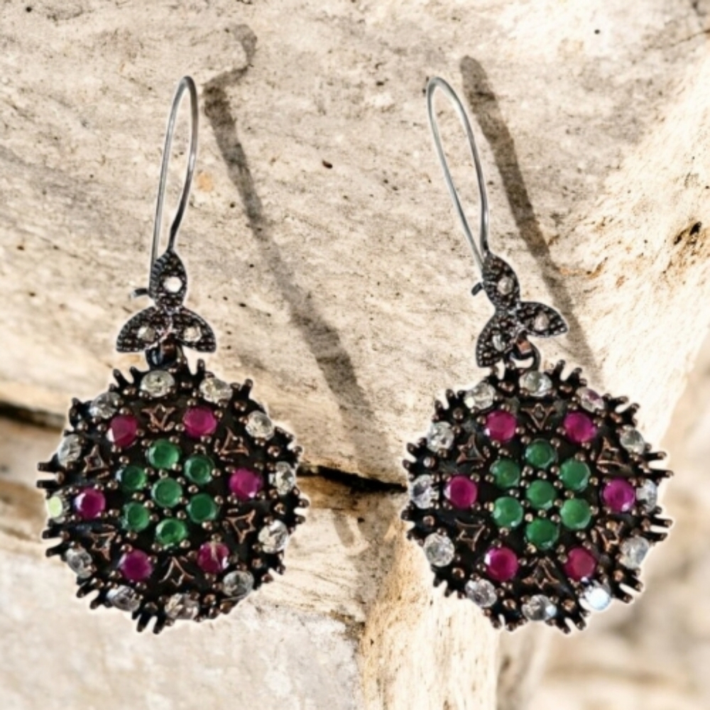 Vintage 925 Silver Emerald Ruby Dangle Earrings Turkish Handmade